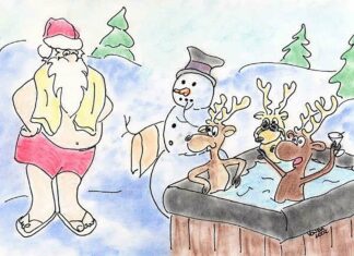 Santa and Reindeer Hot tub Christmas Card