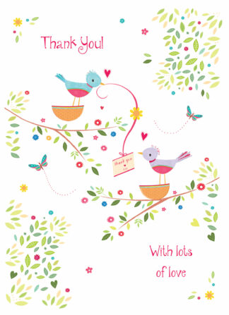 Thank You Card with Cute Birds and Flowers